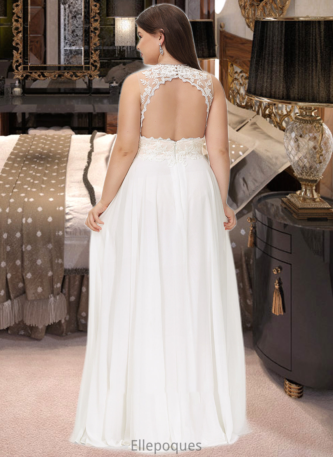 Delilah A-Line V-neck Sweep Train Chiffon Lace Wedding Dress With Lace HOP0013677