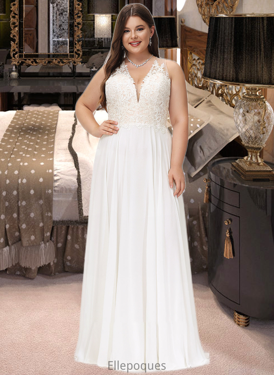 Delilah A-Line V-neck Sweep Train Chiffon Lace Wedding Dress With Lace HOP0013677