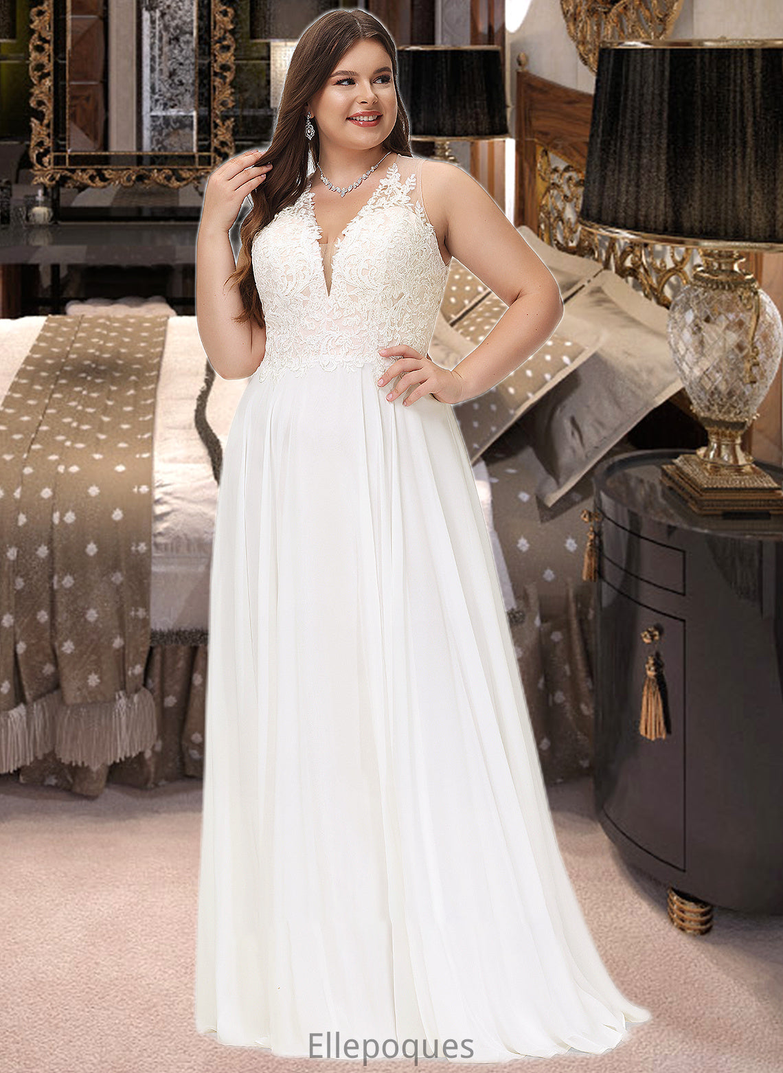 Delilah A-Line V-neck Sweep Train Chiffon Lace Wedding Dress With Lace HOP0013677