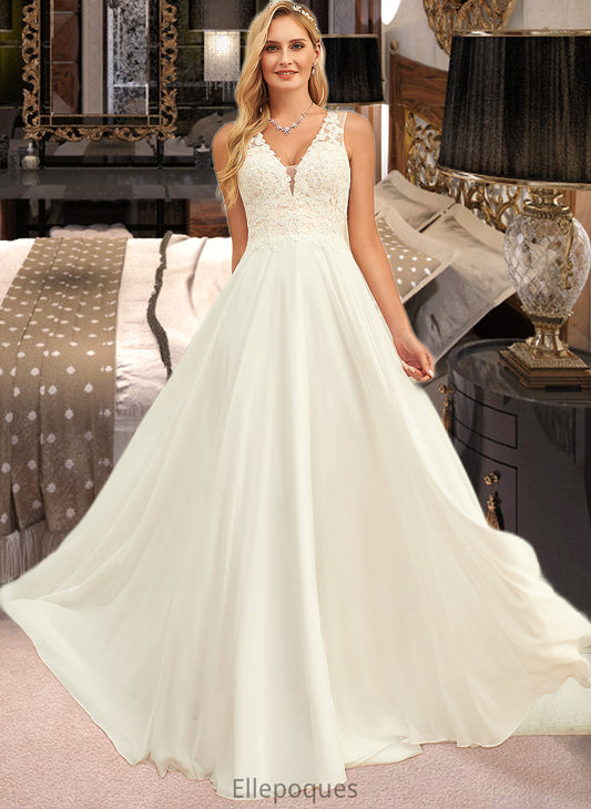 Delilah A-Line V-neck Sweep Train Chiffon Lace Wedding Dress With Lace HOP0013677