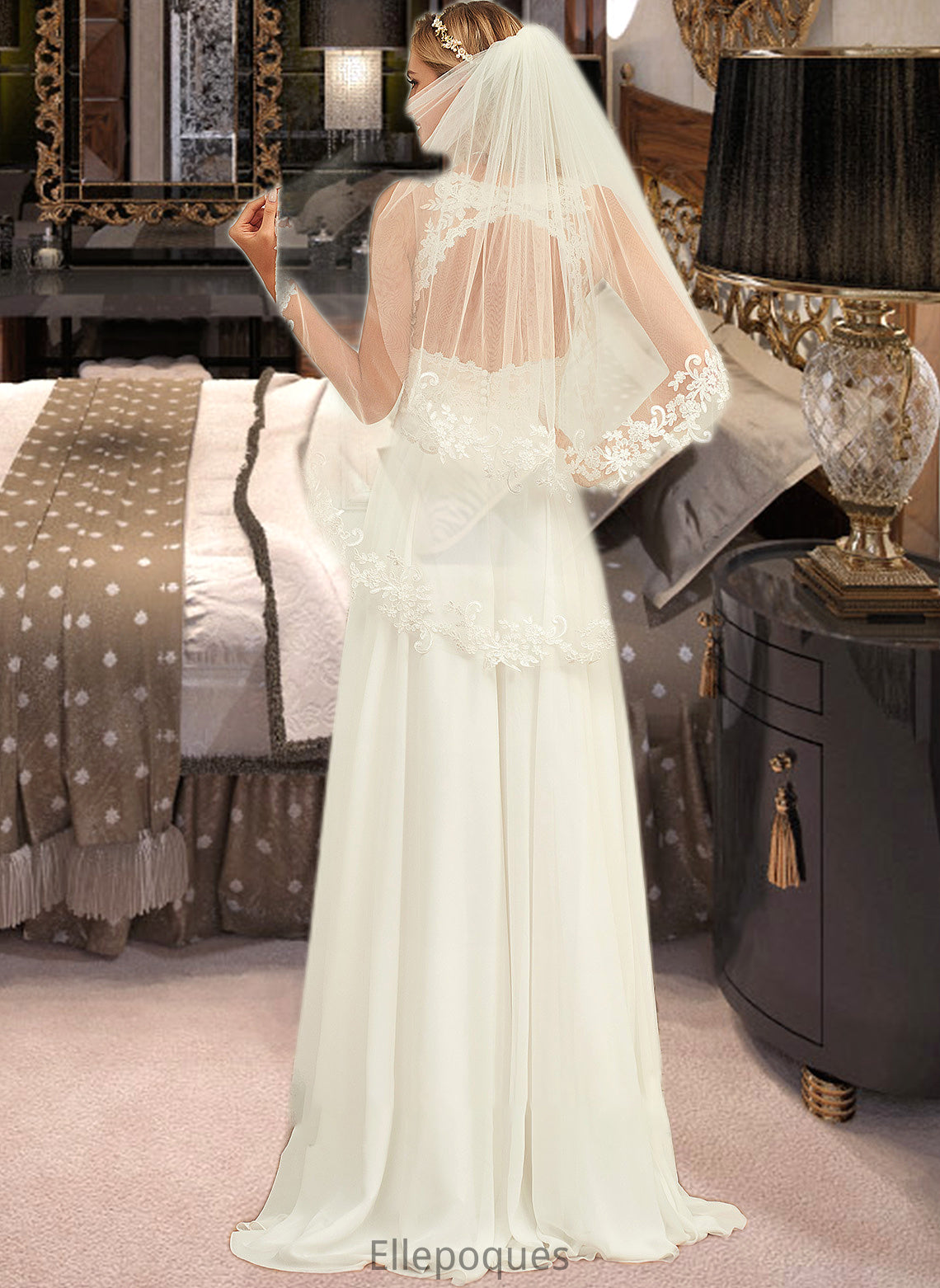 Delilah A-Line V-neck Sweep Train Chiffon Lace Wedding Dress With Lace HOP0013677