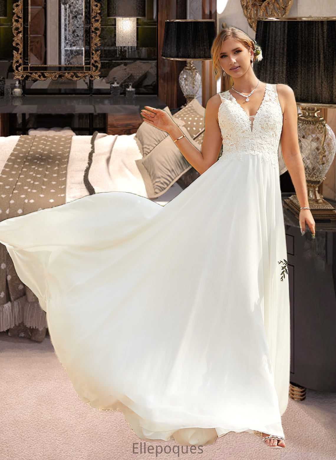 Delilah A-Line V-neck Sweep Train Chiffon Lace Wedding Dress With Lace HOP0013677