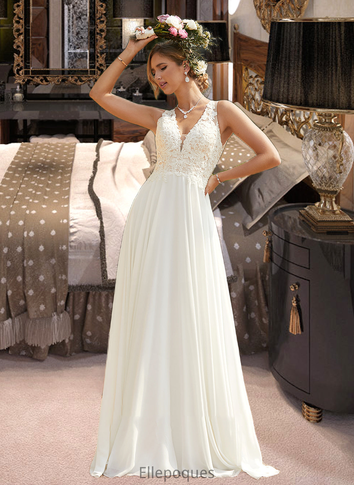 Delilah A-Line V-neck Sweep Train Chiffon Lace Wedding Dress With Lace HOP0013677