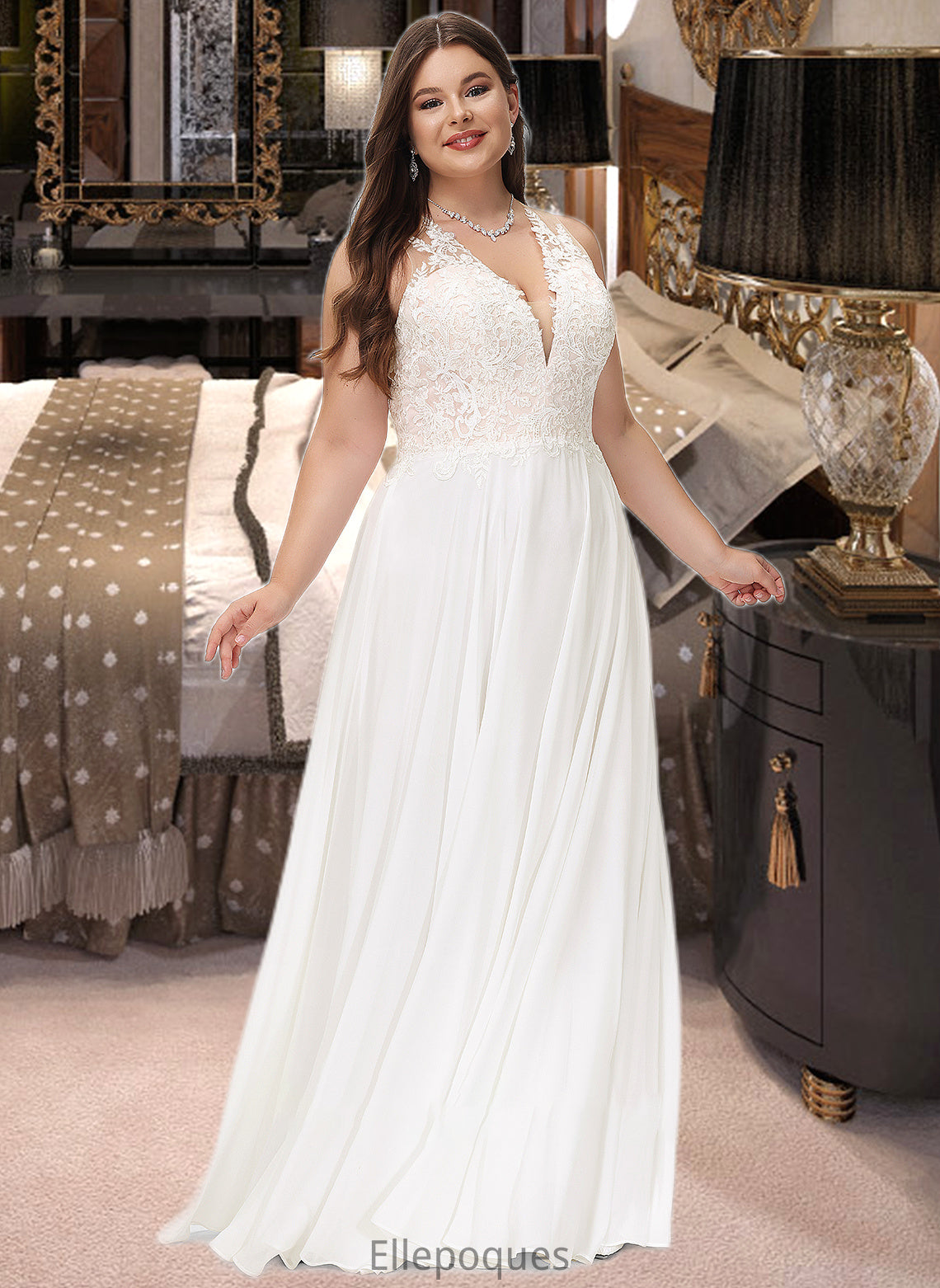 Delilah A-Line V-neck Sweep Train Chiffon Lace Wedding Dress With Lace HOP0013677