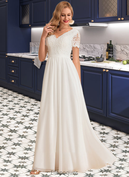 Kenna A-Line V-neck Floor-Length Chiffon Lace Wedding Dress HOP0013678