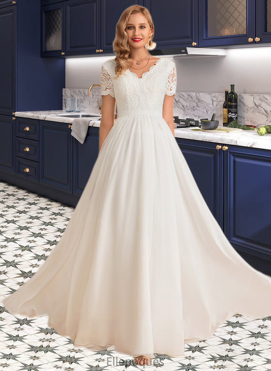 Kenna A-Line V-neck Floor-Length Chiffon Lace Wedding Dress HOP0013678