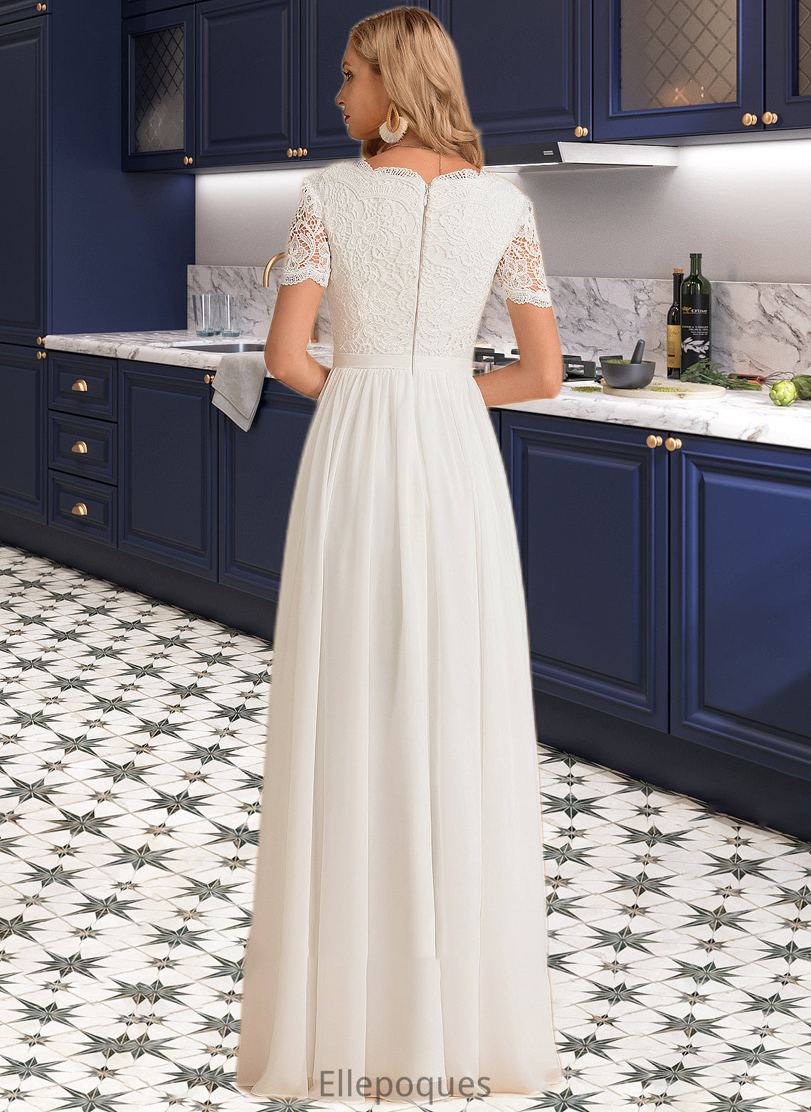 Kenna A-Line V-neck Floor-Length Chiffon Lace Wedding Dress HOP0013678