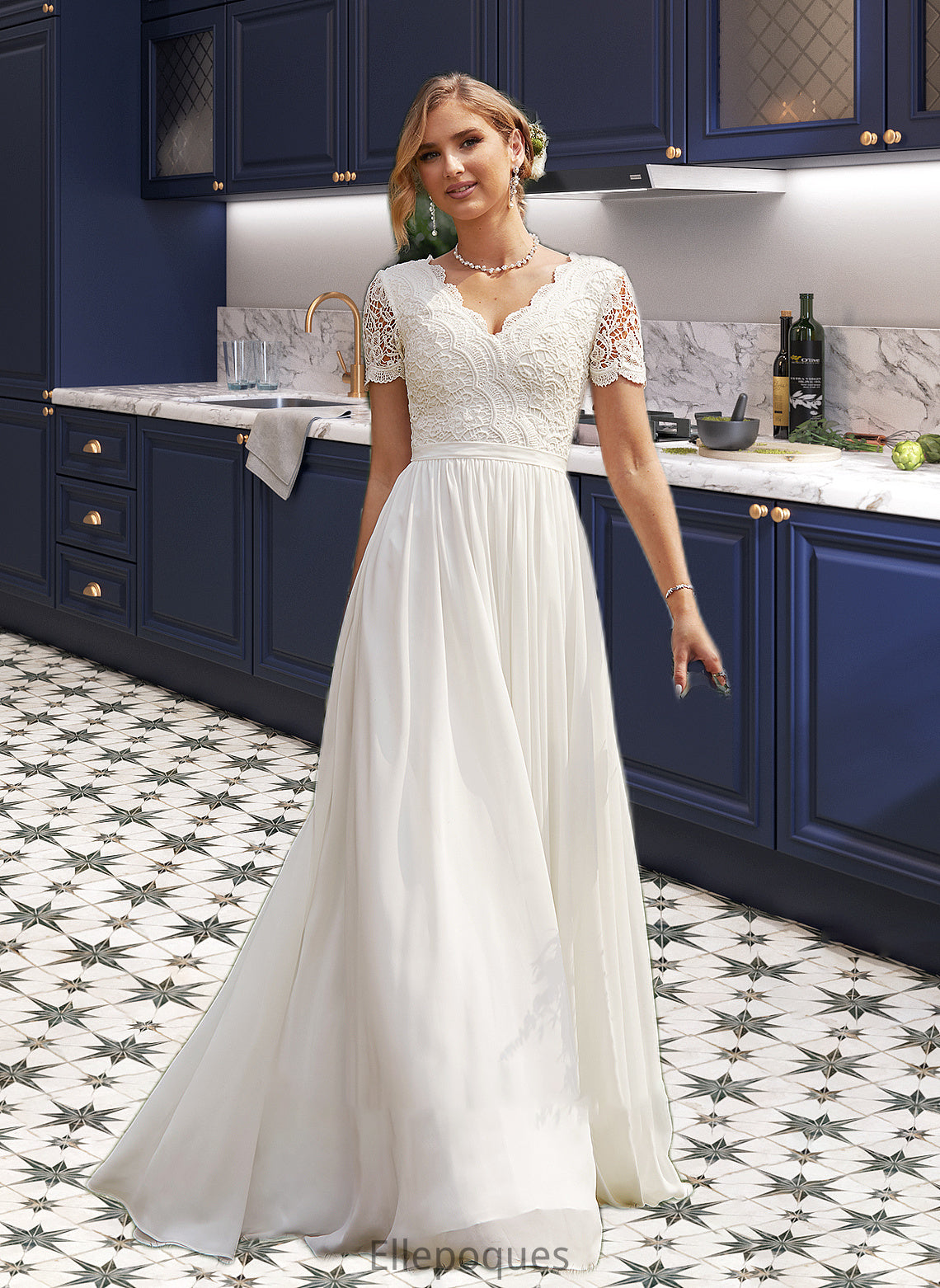 Kenna A-Line V-neck Floor-Length Chiffon Lace Wedding Dress HOP0013678