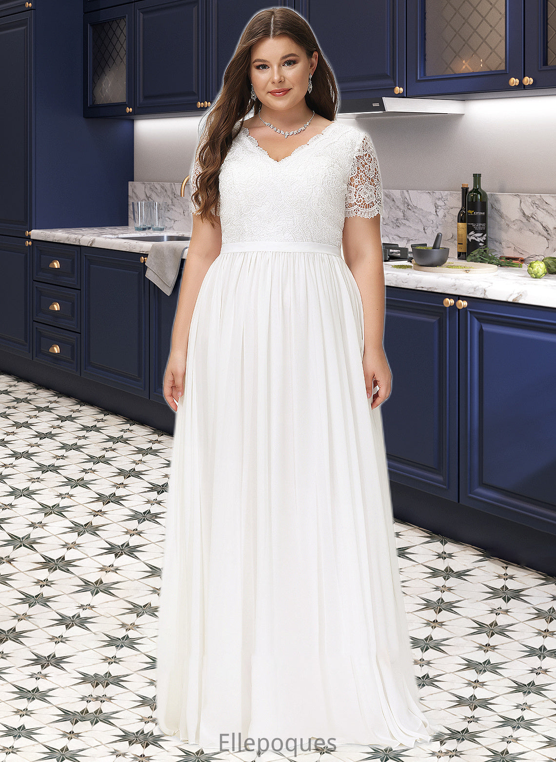 Kenna A-Line V-neck Floor-Length Chiffon Lace Wedding Dress HOP0013678