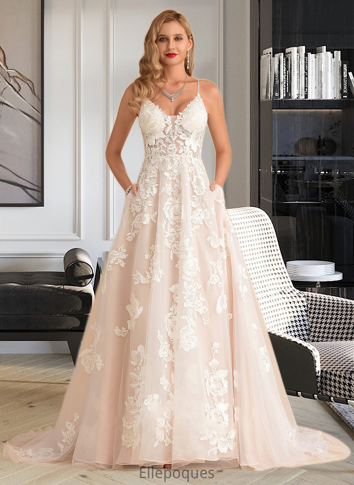 Raegan Ball-Gown/Princess V-neck Court Train Tulle Lace Wedding Dress With Beading Pockets HOP0013679