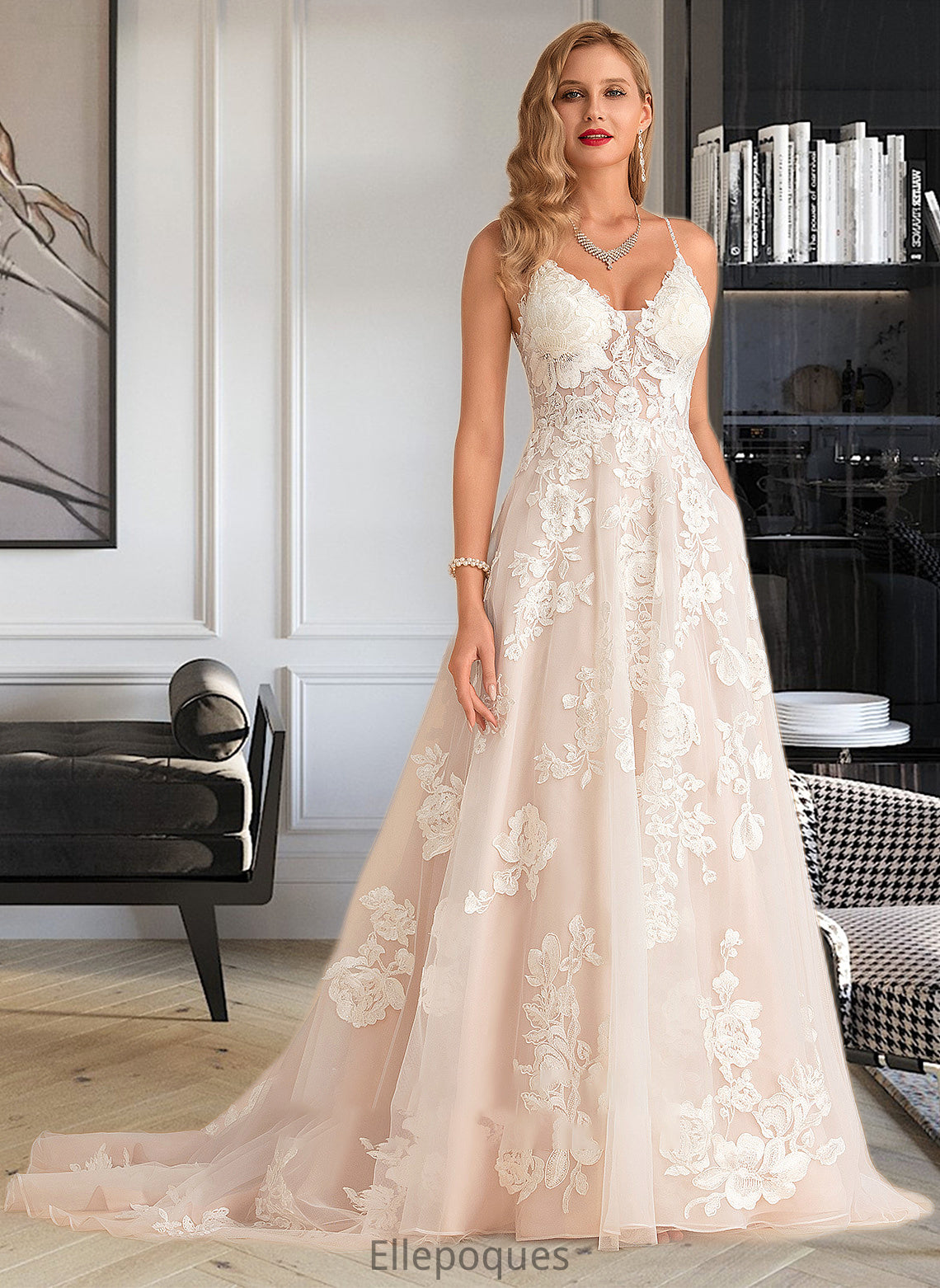 Raegan Ball-Gown/Princess V-neck Court Train Tulle Lace Wedding Dress With Beading Pockets HOP0013679