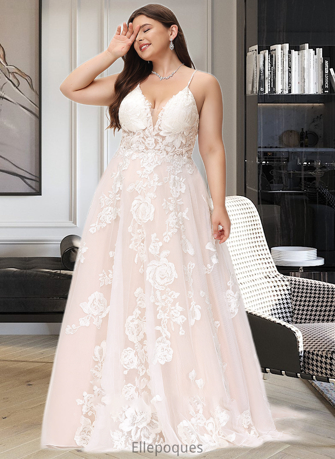 Raegan Ball-Gown/Princess V-neck Court Train Tulle Lace Wedding Dress With Beading Pockets HOP0013679