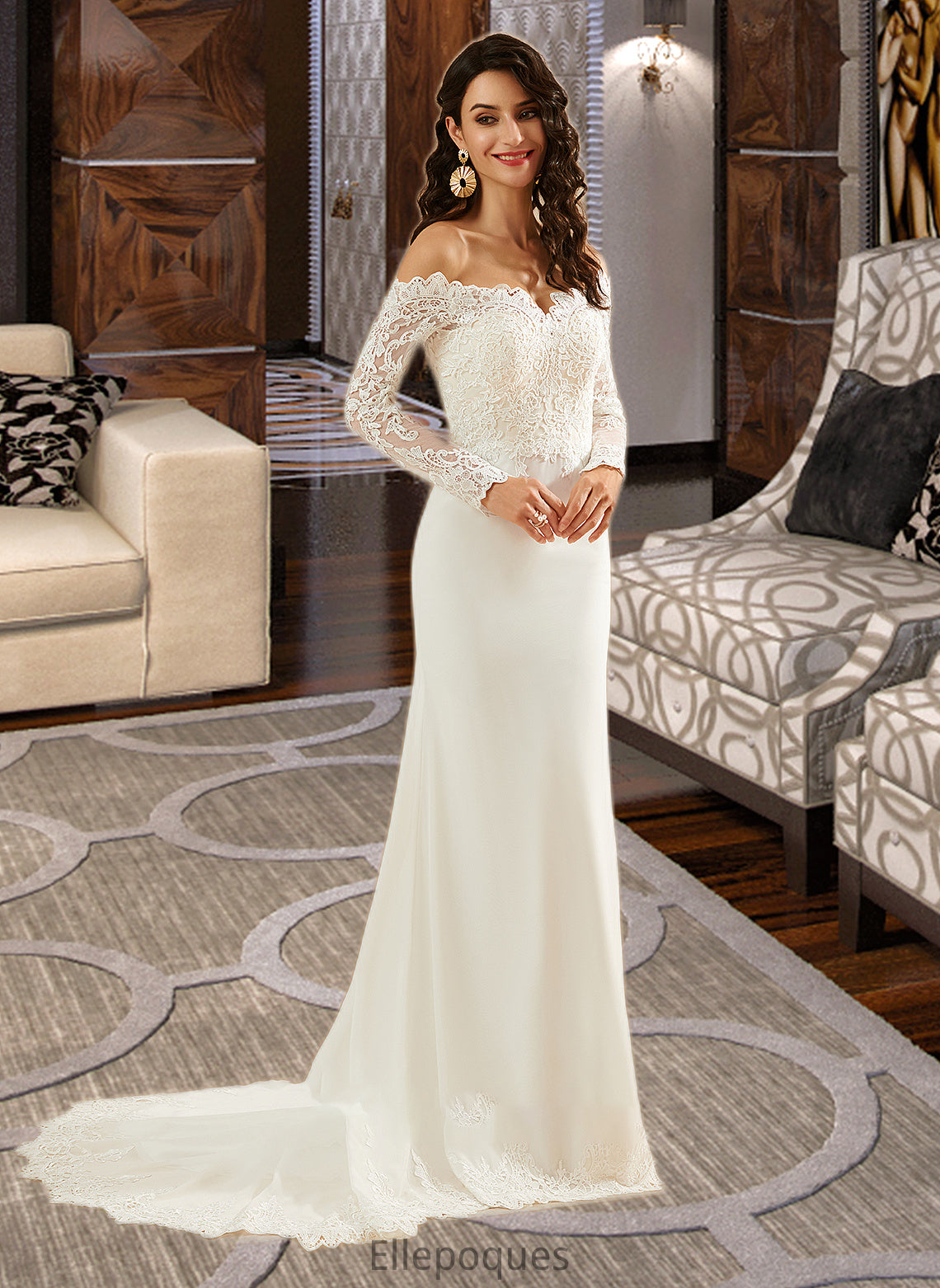 Lillie Trumpet/Mermaid Off-the-Shoulder Court Train Wedding Dress With Lace HOP0013680