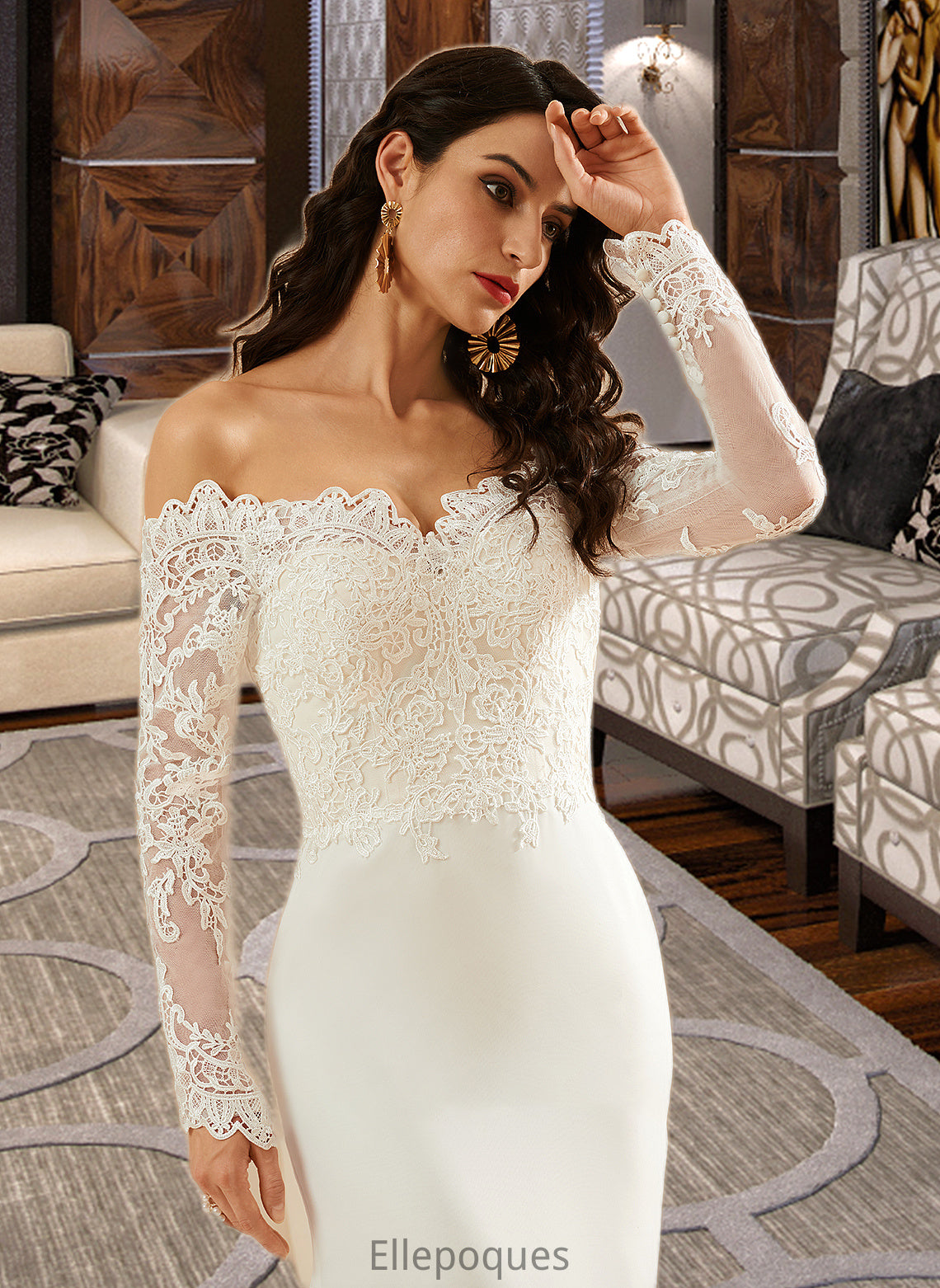 Lillie Trumpet/Mermaid Off-the-Shoulder Court Train Wedding Dress With Lace HOP0013680