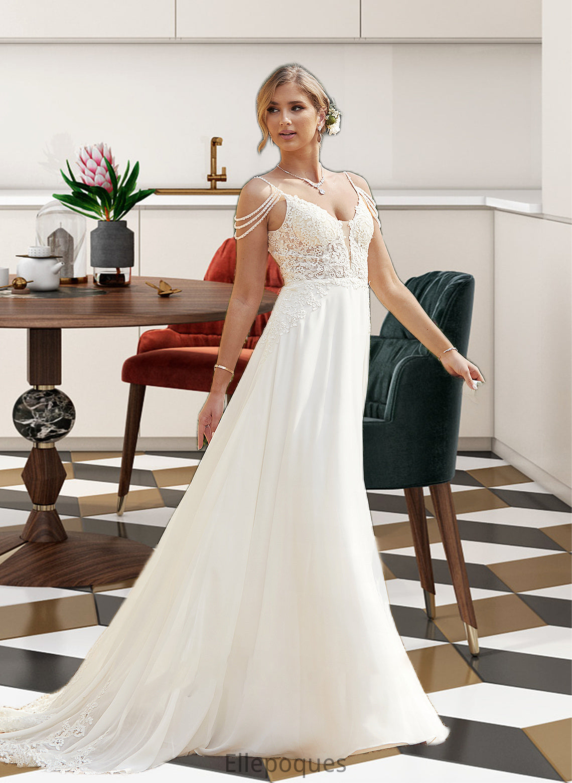 Aisha A-Line V-neck Sweep Train Chiffon Lace Wedding Dress With Beading Sequins HOP0013681