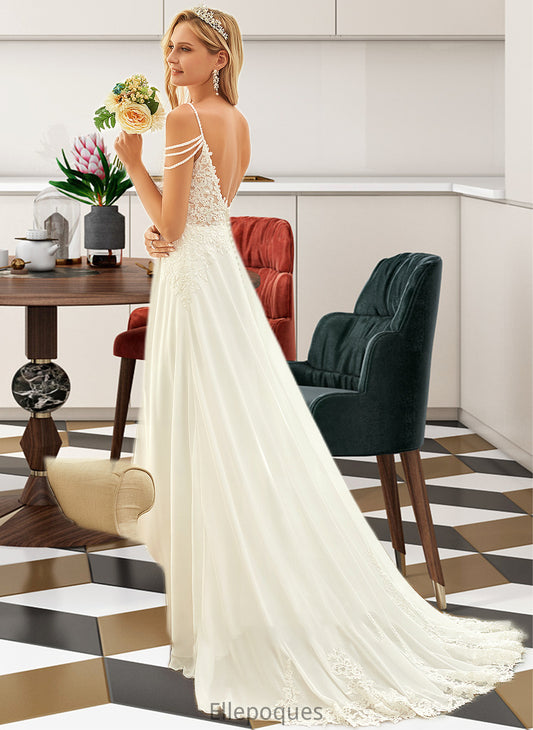 Aisha A-Line V-neck Sweep Train Chiffon Lace Wedding Dress With Beading Sequins HOP0013681