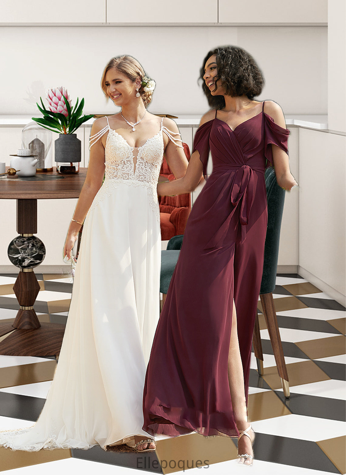 Aisha A-Line V-neck Sweep Train Chiffon Lace Wedding Dress With Beading Sequins HOP0013681