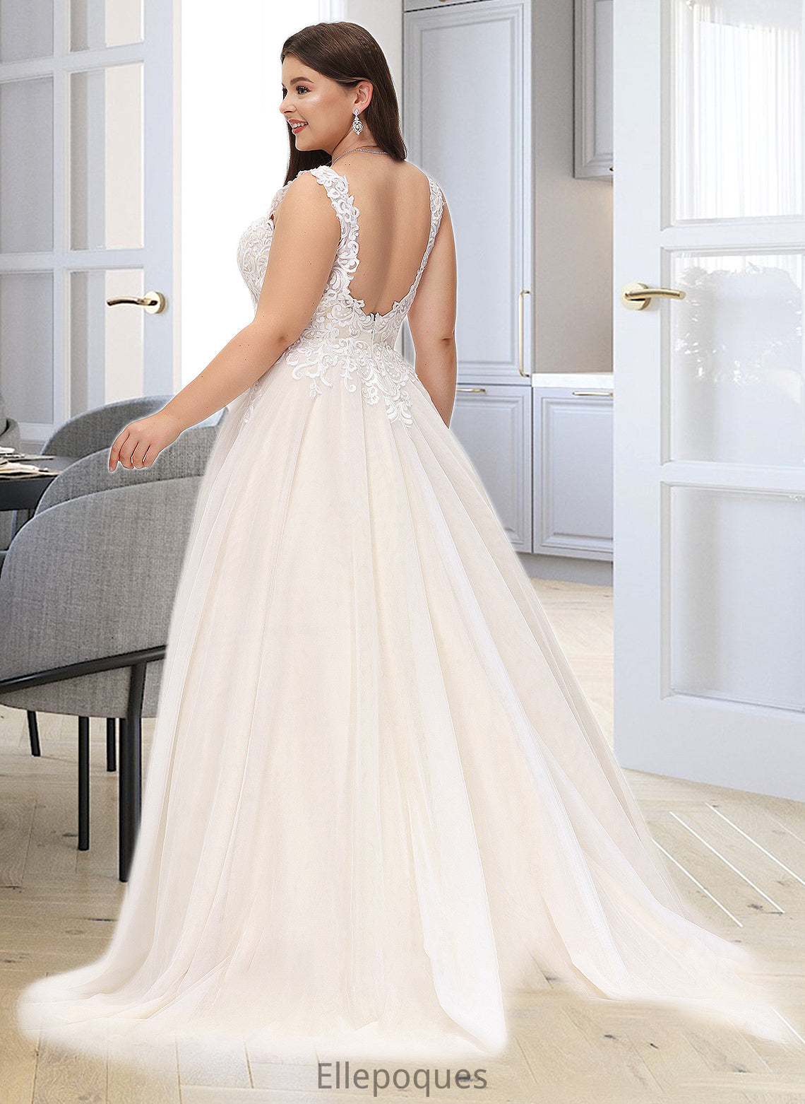 Carolyn Ball-Gown/Princess V-neck Court Train Tulle Wedding Dress HOP0013682