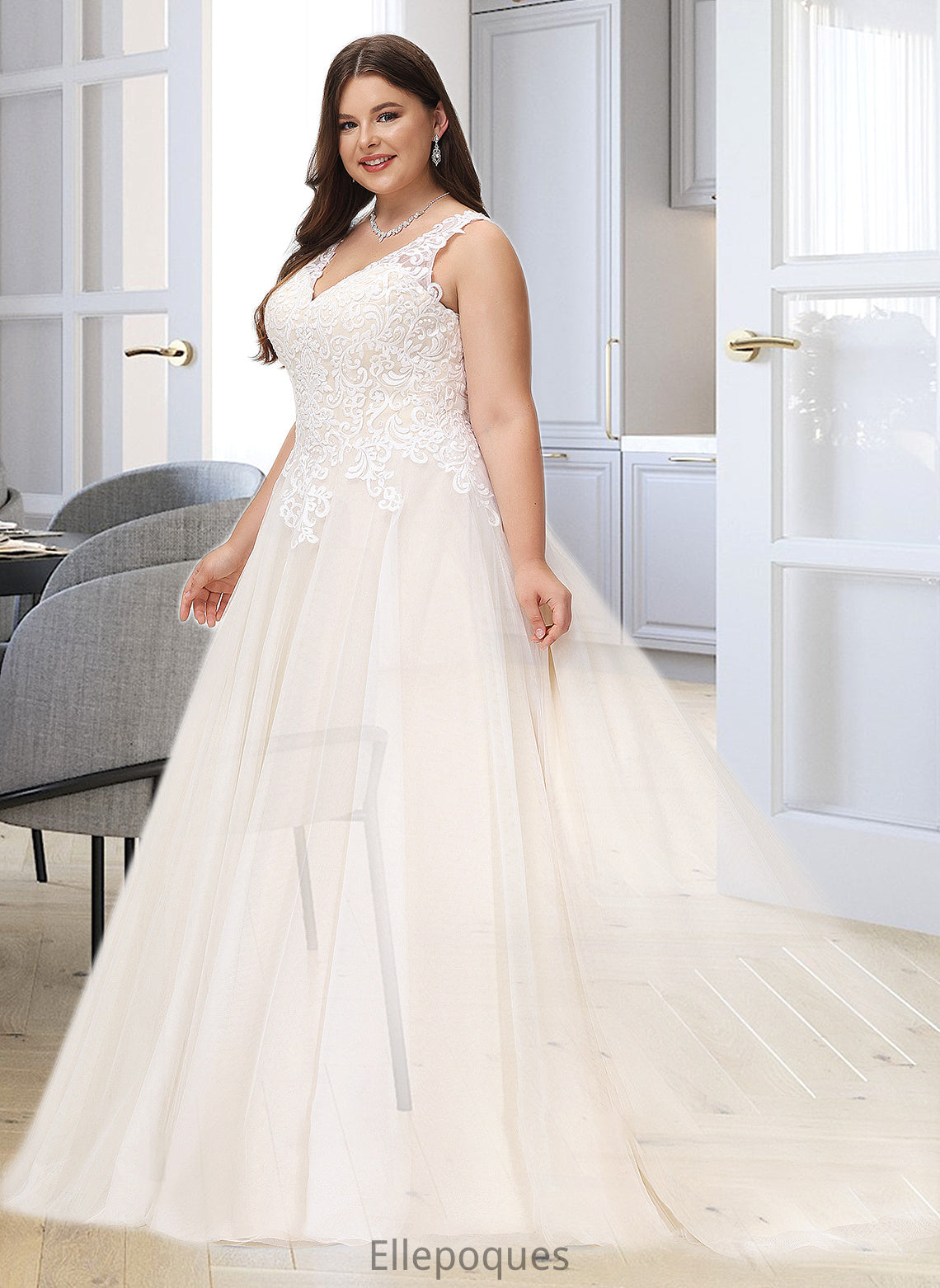 Carolyn Ball-Gown/Princess V-neck Court Train Tulle Wedding Dress HOP0013682