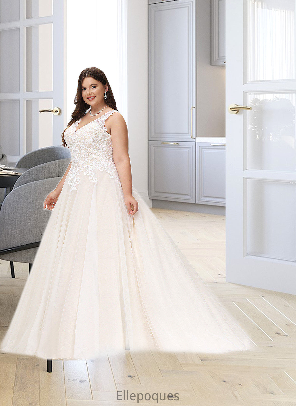 Carolyn Ball-Gown/Princess V-neck Court Train Tulle Wedding Dress HOP0013682