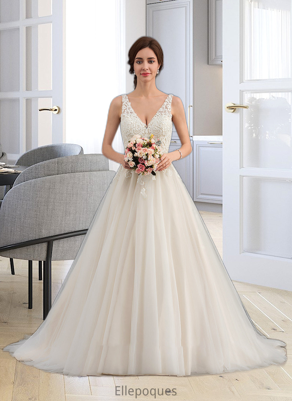 Carolyn Ball-Gown/Princess V-neck Court Train Tulle Wedding Dress HOP0013682