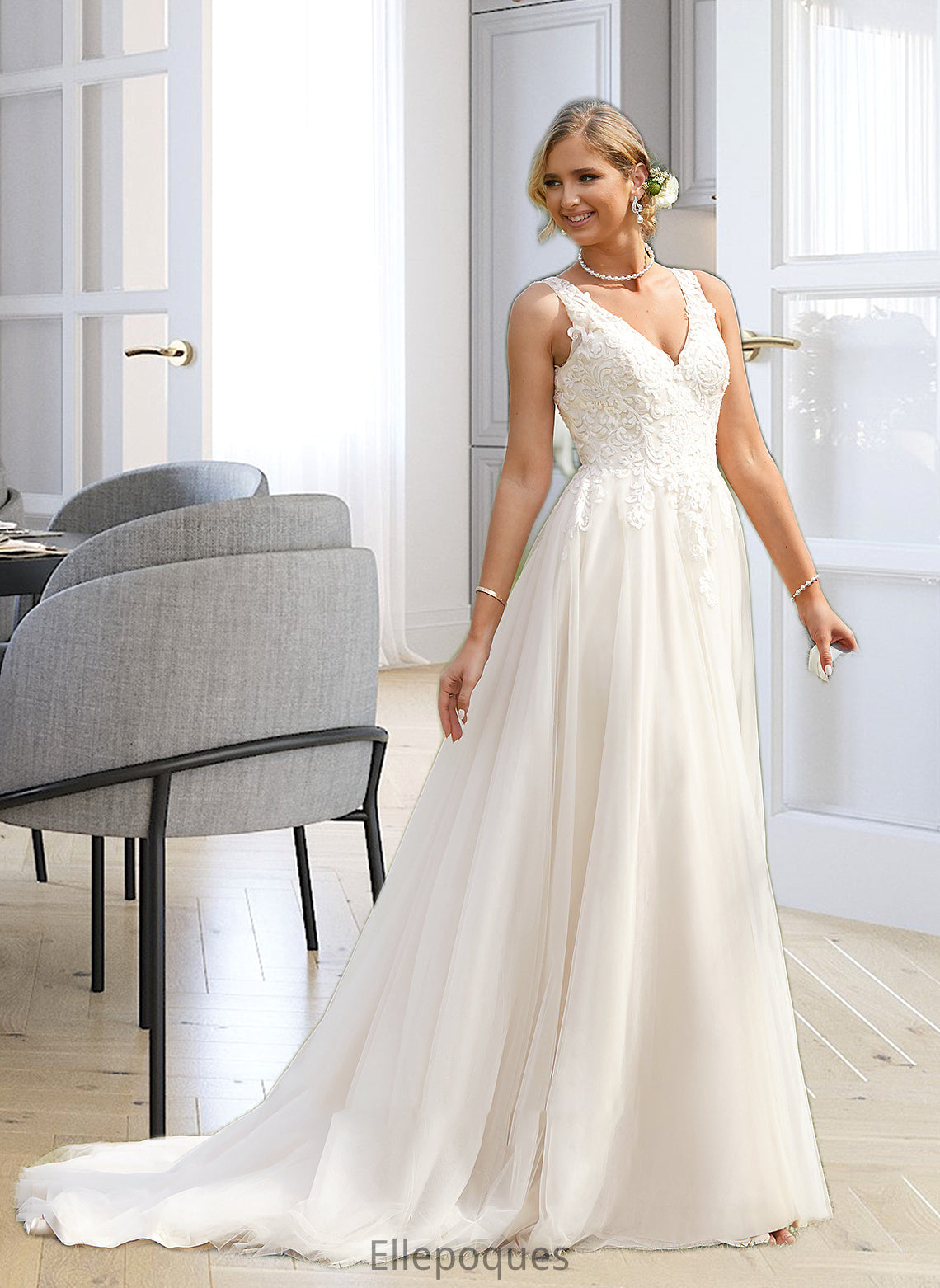 Carolyn Ball-Gown/Princess V-neck Court Train Tulle Wedding Dress HOP0013682