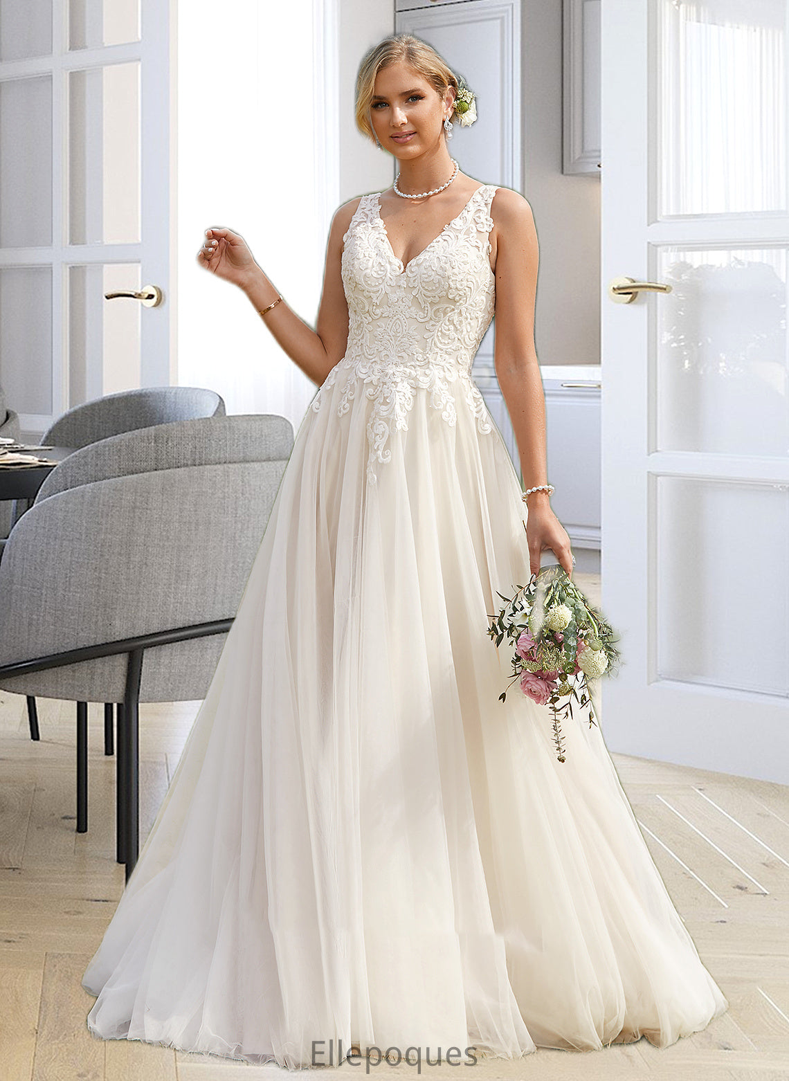 Carolyn Ball-Gown/Princess V-neck Court Train Tulle Wedding Dress HOP0013682