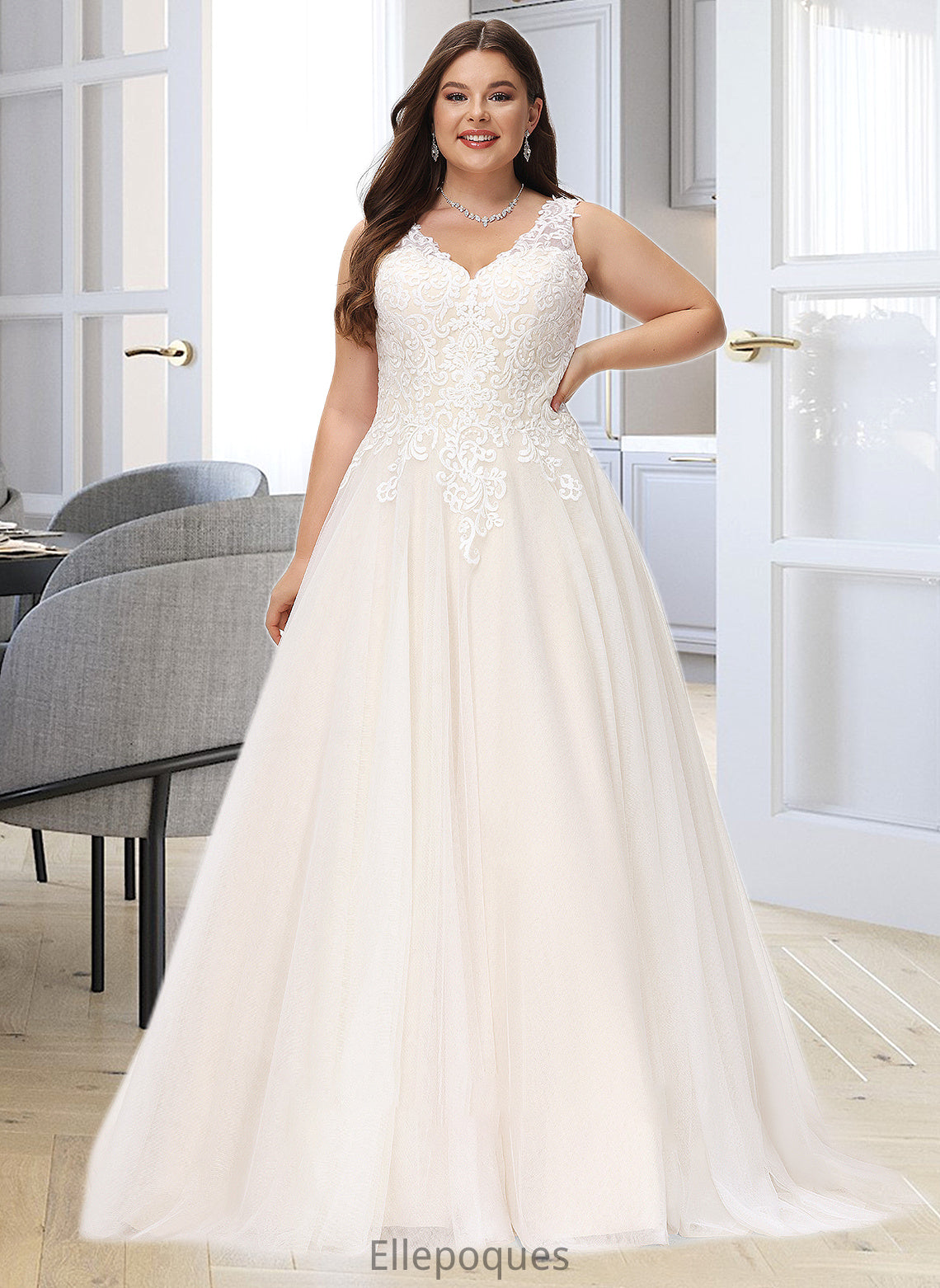 Carolyn Ball-Gown/Princess V-neck Court Train Tulle Wedding Dress HOP0013682