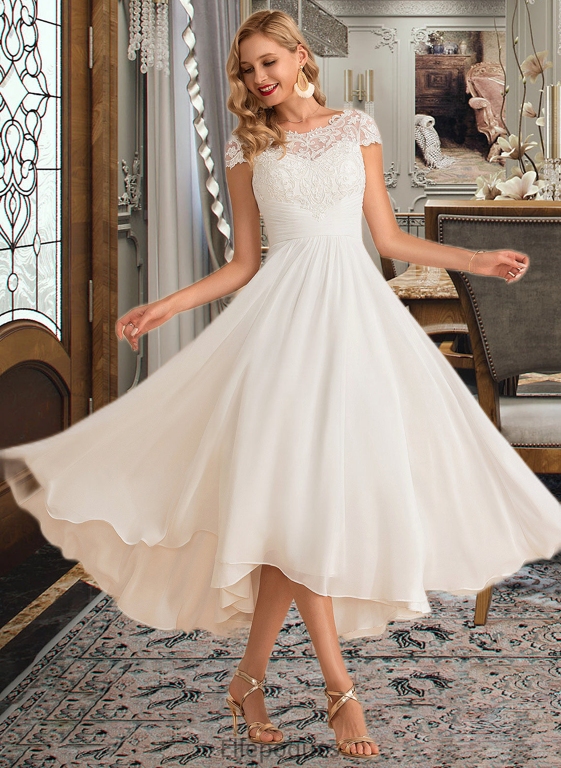 Katherine A-Line Scoop Neck Asymmetrical Chiffon Wedding Dress HOP0013683