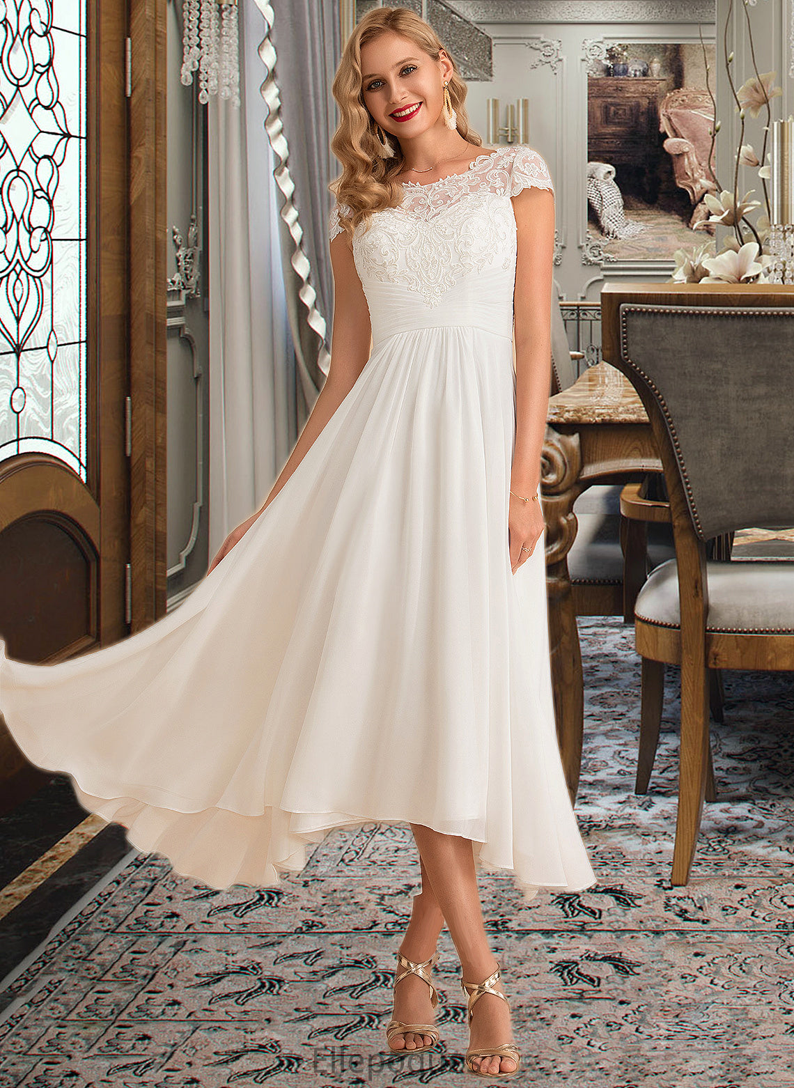 Katherine A-Line Scoop Neck Asymmetrical Chiffon Wedding Dress HOP0013683