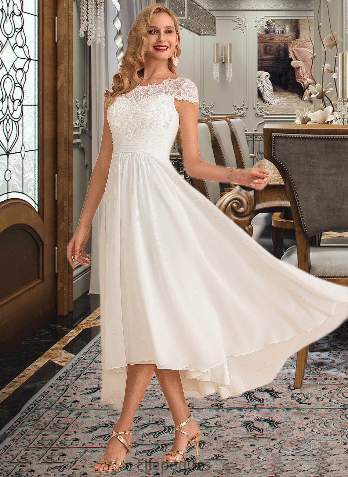 Katherine A-Line Scoop Neck Asymmetrical Chiffon Wedding Dress HOP0013683