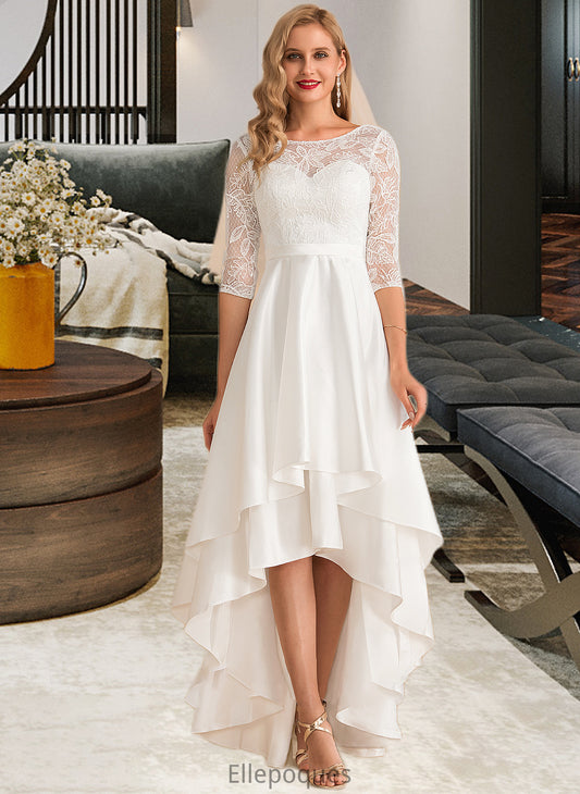 Alissa A-Line Scoop Neck Asymmetrical Satin Lace Wedding Dress HOP0013684