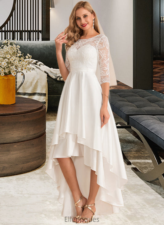 Alissa A-Line Scoop Neck Asymmetrical Satin Lace Wedding Dress HOP0013684