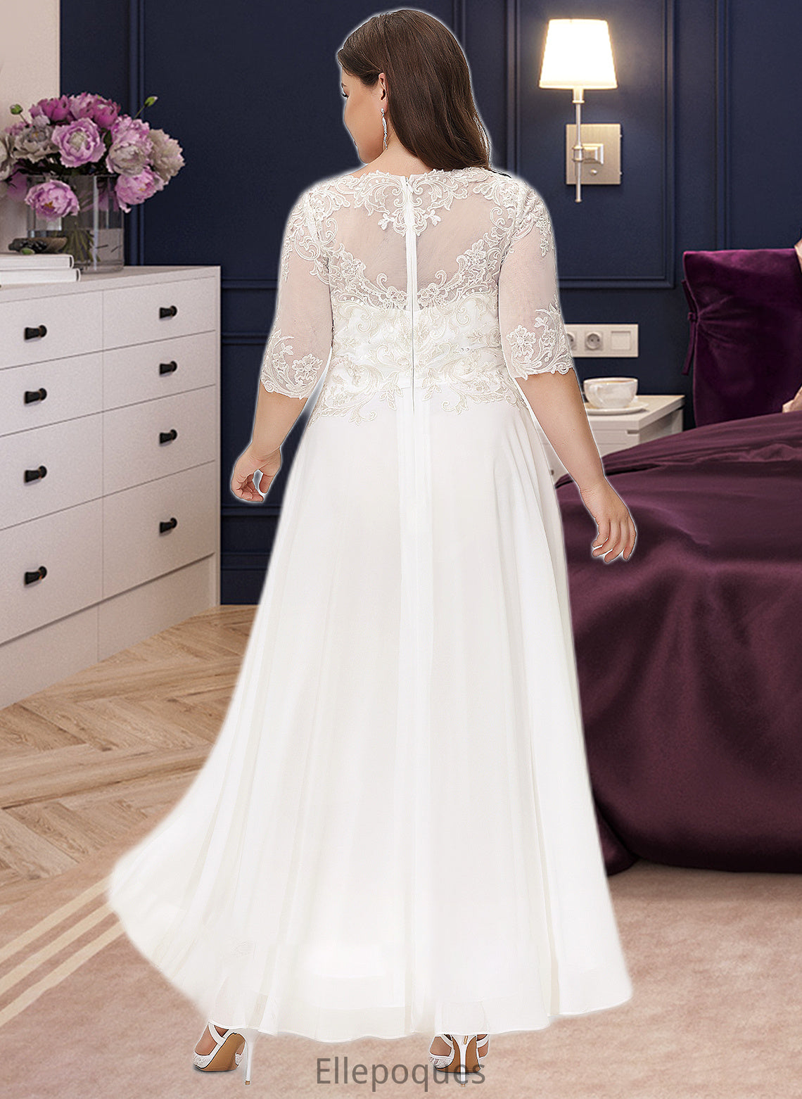 Destiney A-Line Scoop Neck Asymmetrical Chiffon Wedding Dress With Beading Sequins HOP0013686