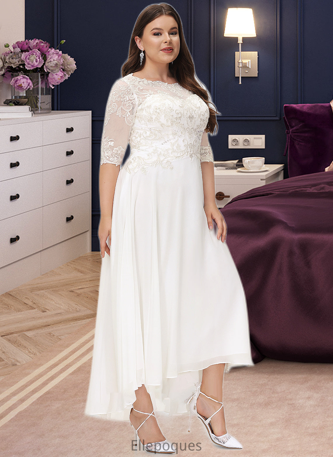 Destiney A-Line Scoop Neck Asymmetrical Chiffon Wedding Dress With Beading Sequins HOP0013686