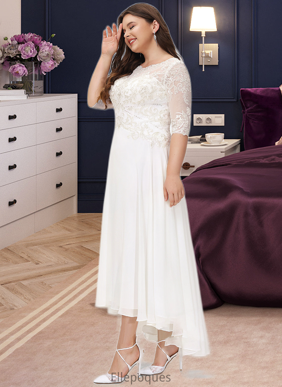 Destiney A-Line Scoop Neck Asymmetrical Chiffon Wedding Dress With Beading Sequins HOP0013686