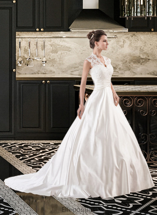 Kelly Ball-Gown/Princess V-neck Court Train Satin Lace Wedding Dress With Ruffle HOP0013688