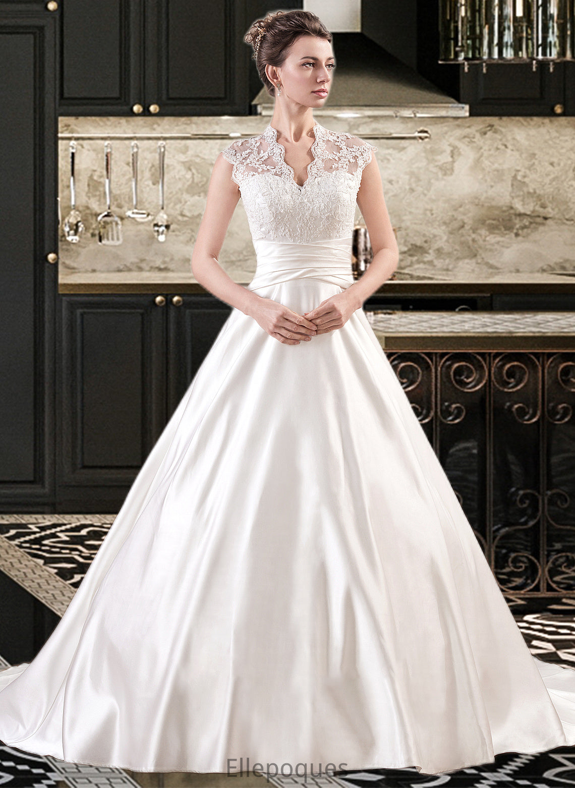 Kelly Ball-Gown/Princess V-neck Court Train Satin Lace Wedding Dress With Ruffle HOP0013688