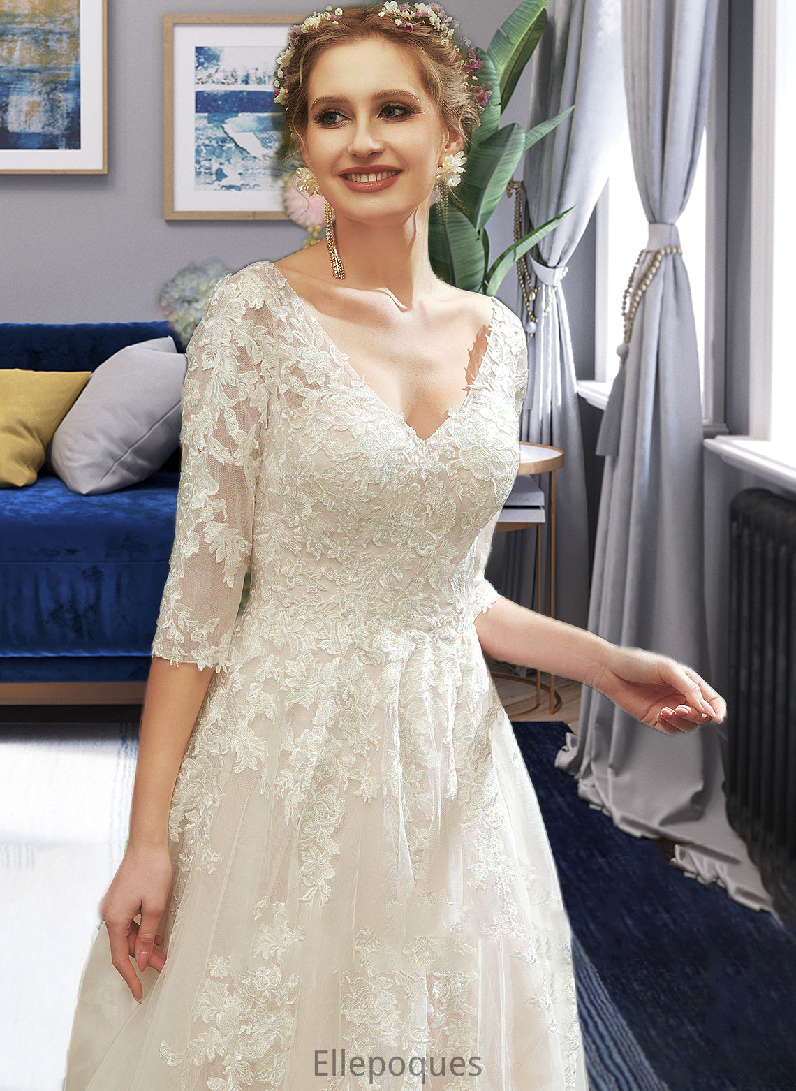 Karla A-Line V-neck Court Train Wedding Dress With Sequins HOP0013690