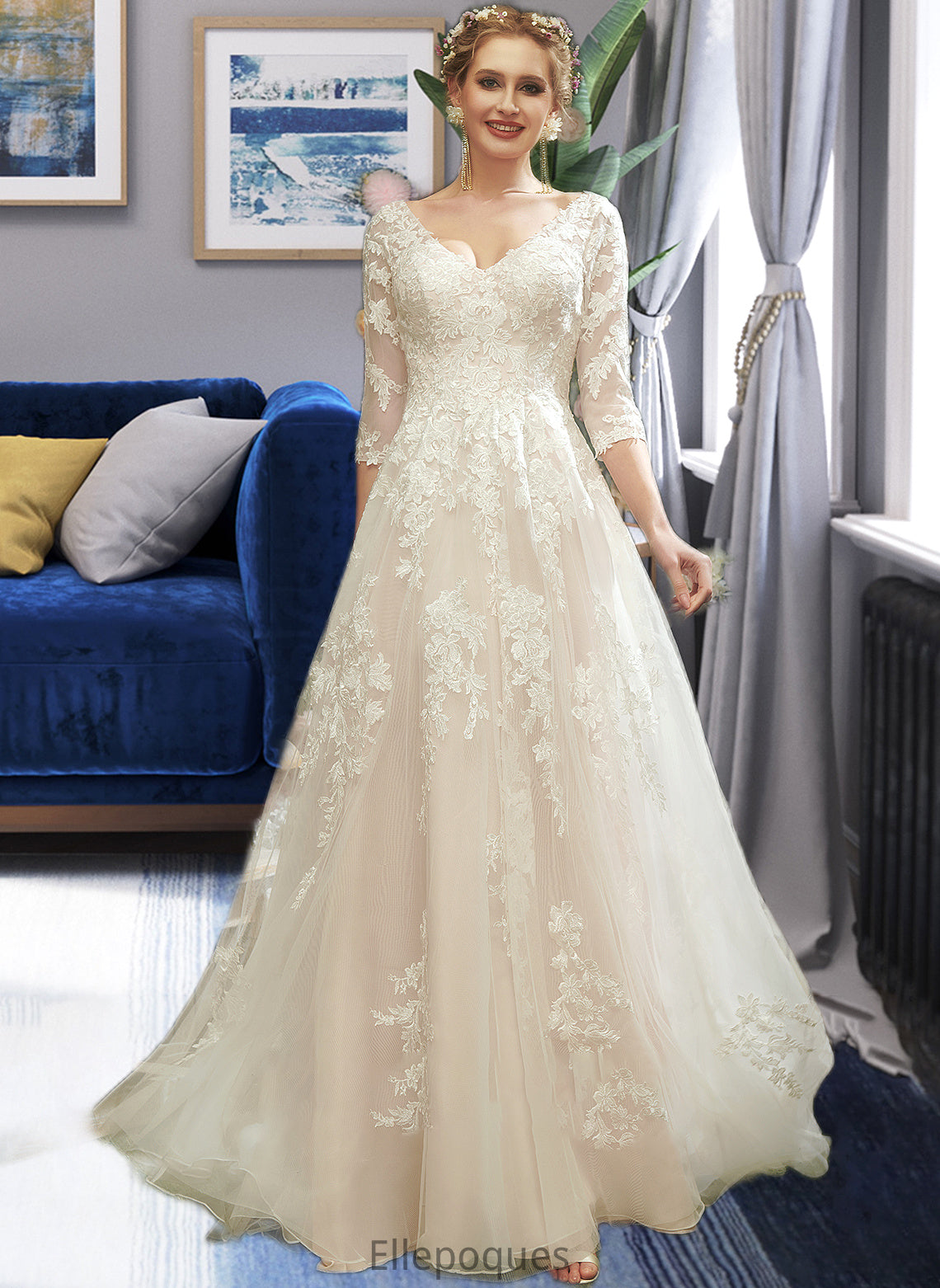 Karla A-Line V-neck Court Train Wedding Dress With Sequins HOP0013690