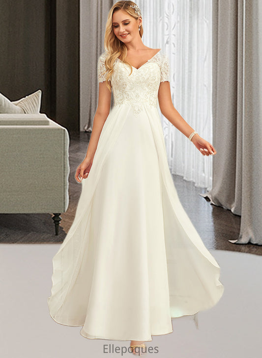 Abagail A-Line V-neck Floor-Length Chiffon Lace Wedding Dress With Lace HOP0013691