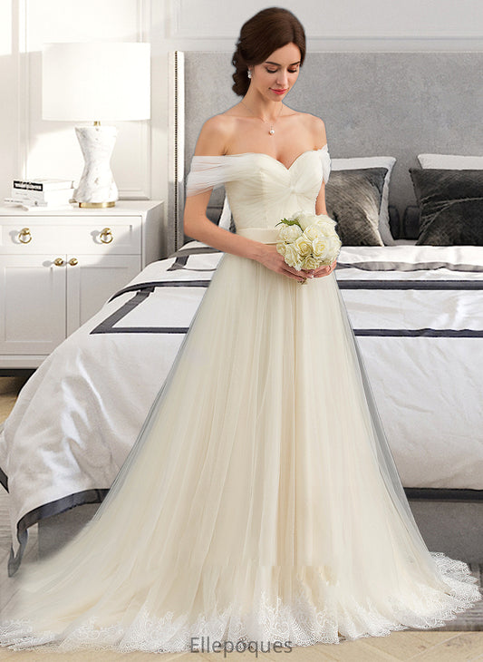 Hilda Ball-Gown/Princess Off-the-Shoulder Court Train Tulle Lace Wedding Dress With Ruffle HOP0013692