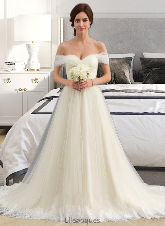 Hilda Ball-Gown/Princess Off-the-Shoulder Court Train Tulle Lace Wedding Dress With Ruffle HOP0013692