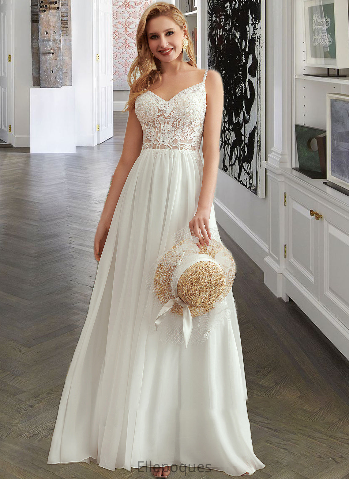 Frances A-Line V-neck Floor-Length Wedding Dress With Beading Split Front HOP0013697