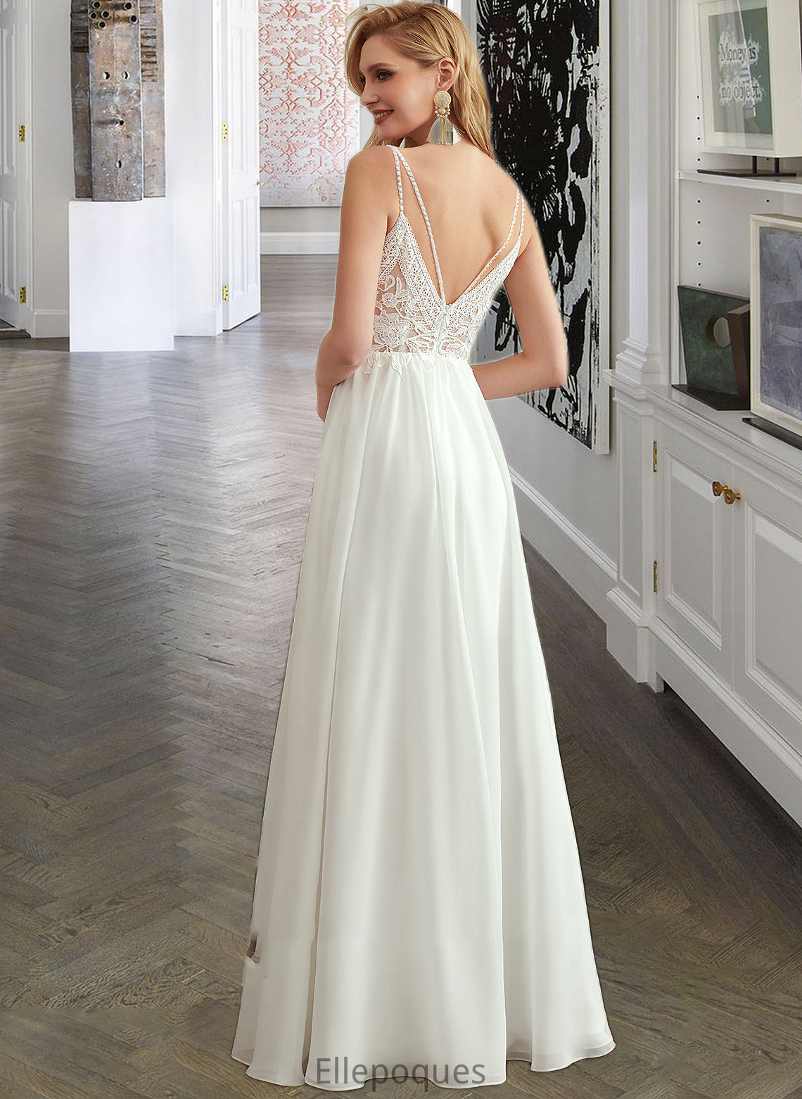 Frances A-Line V-neck Floor-Length Wedding Dress With Beading Split Front HOP0013697