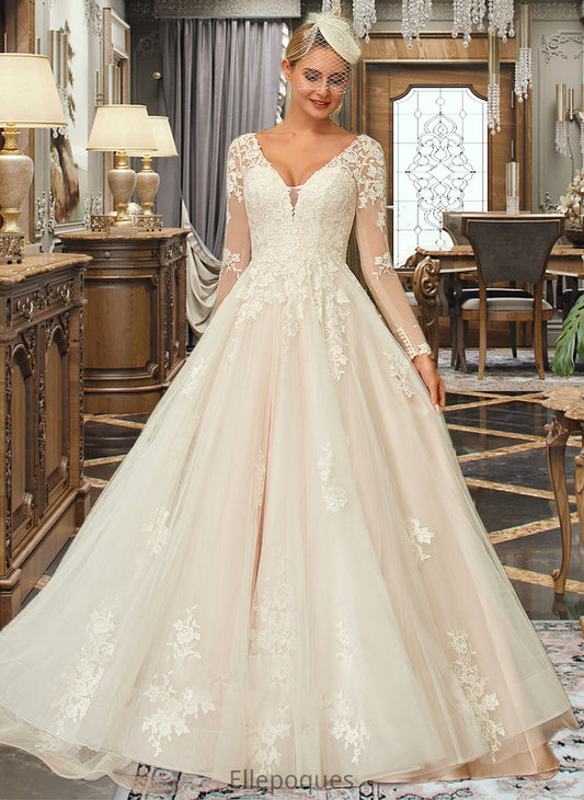 Johanna Ball-Gown/Princess V-neck Sweep Train Tulle Lace Wedding Dress HOP0013698