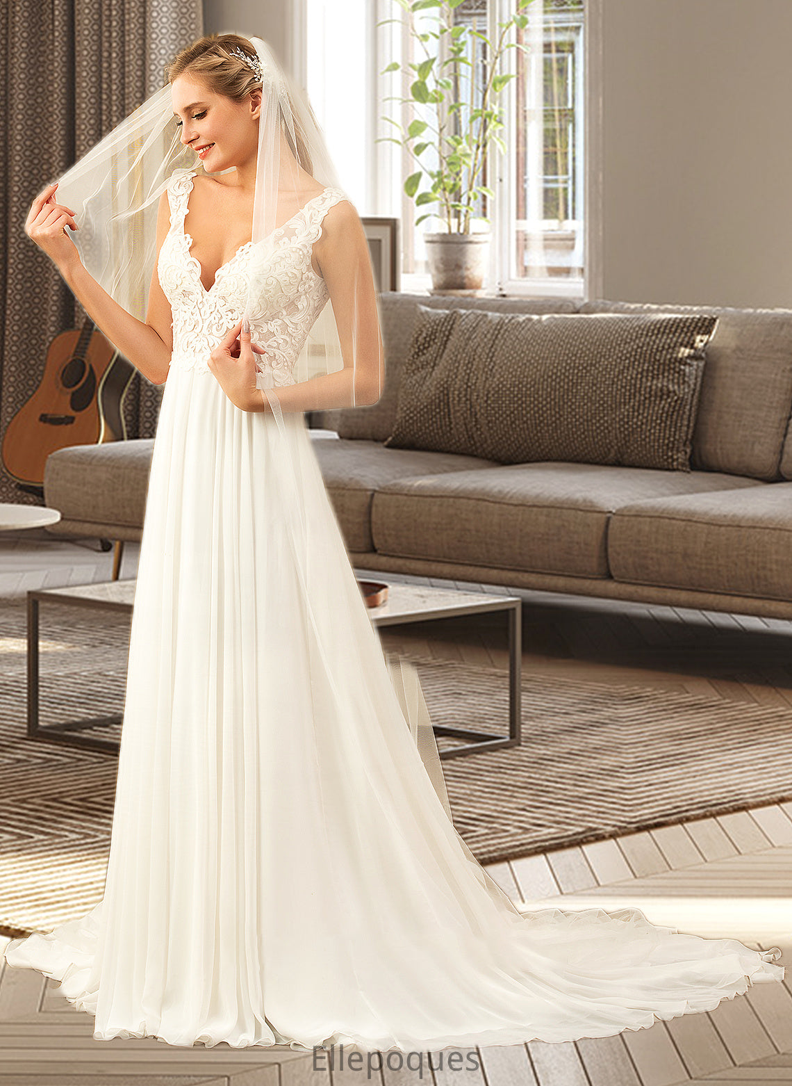 Clare A-Line V-neck Court Train Chiffon Wedding Dress HOP0013701