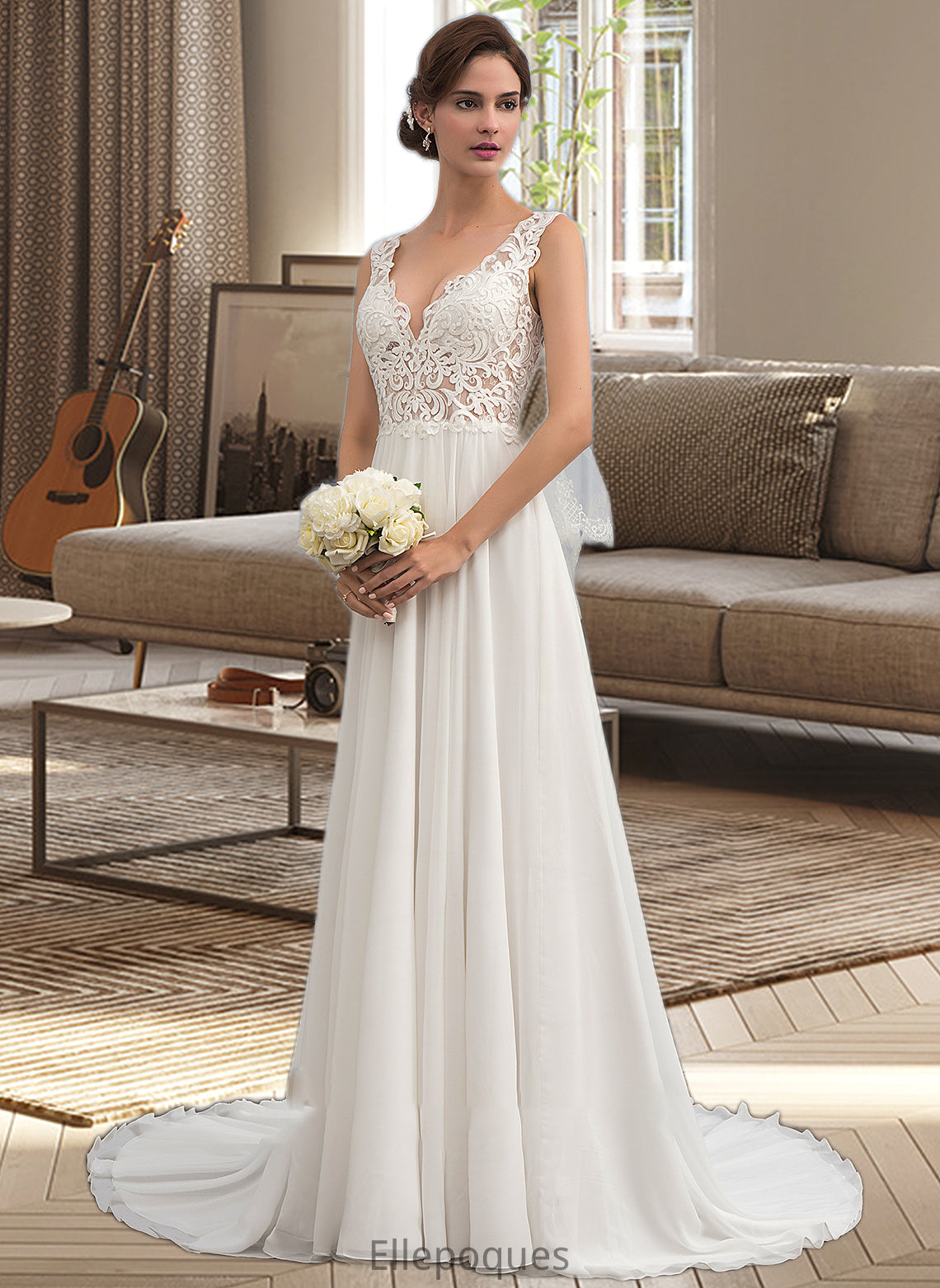 Clare A-Line V-neck Court Train Chiffon Wedding Dress HOP0013701