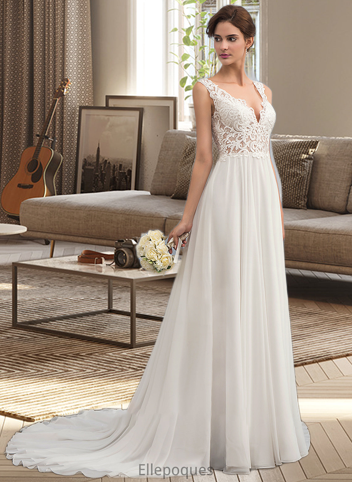 Clare A-Line V-neck Court Train Chiffon Wedding Dress HOP0013701