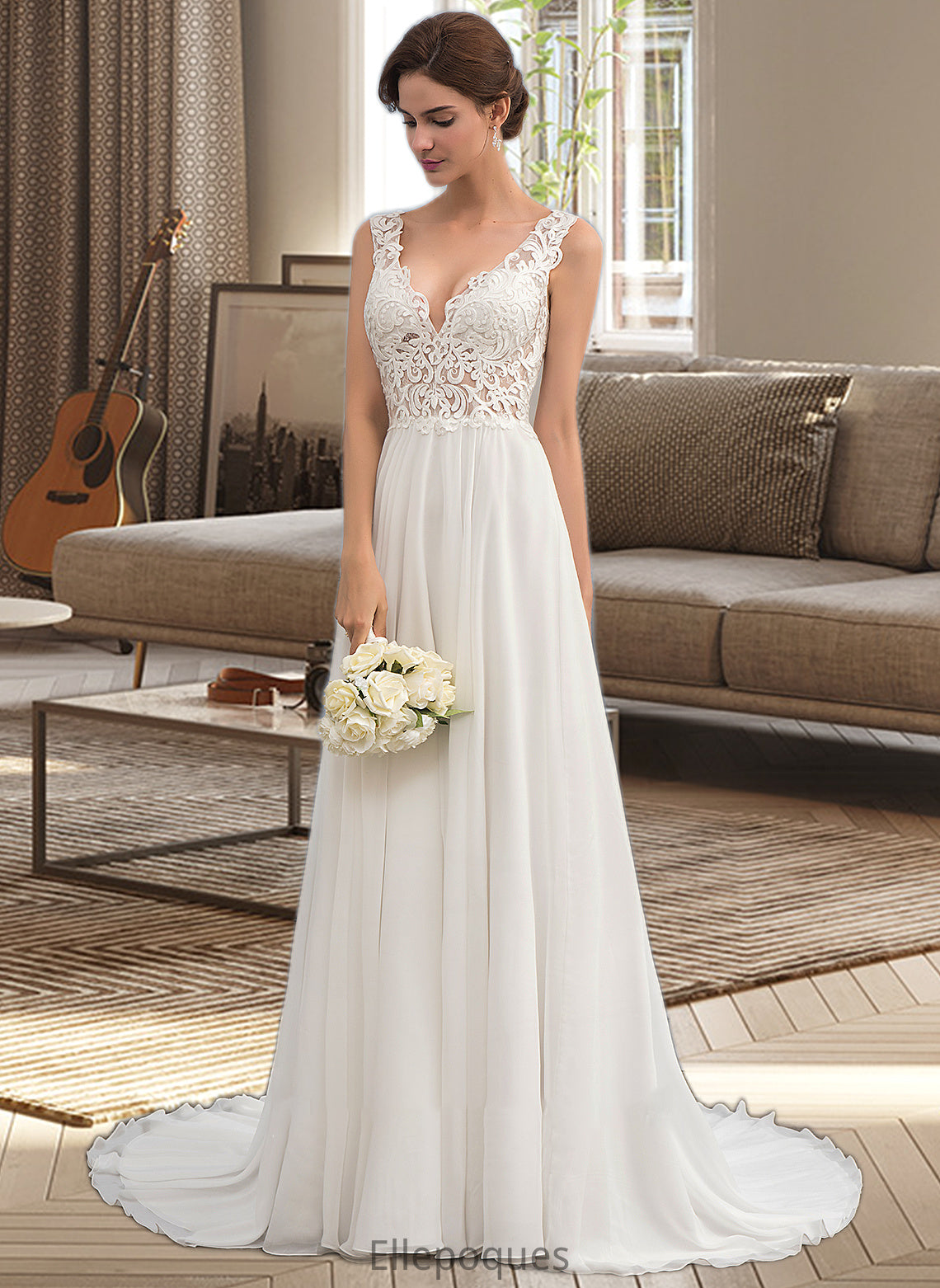 Clare A-Line V-neck Court Train Chiffon Wedding Dress HOP0013701